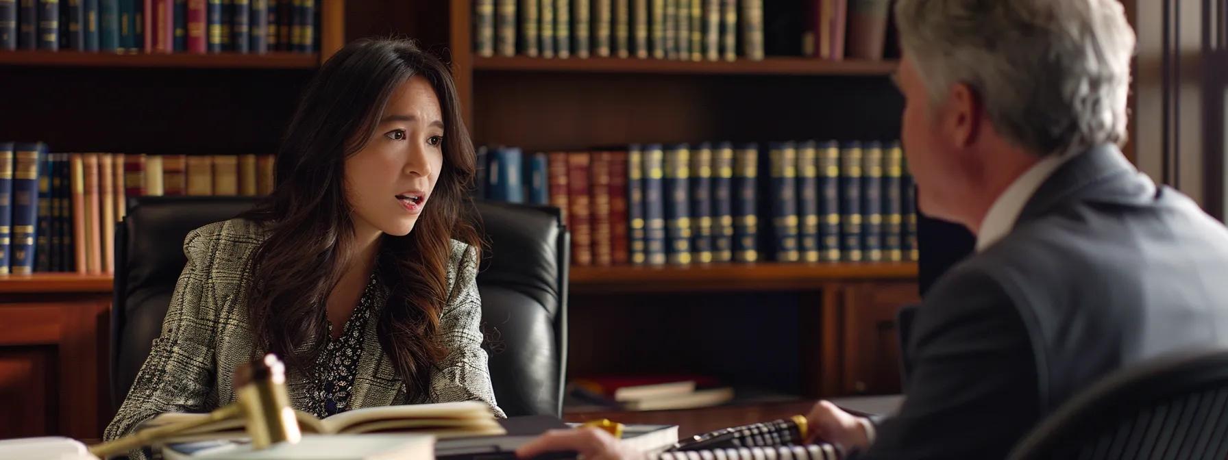 a confident assault defense lawyer in a sleek, modern fullerton office, surrounded by legal books and case files, engages in an intense conversation with a client, highlighting their expertise and close connections with local judges and prosecutors.