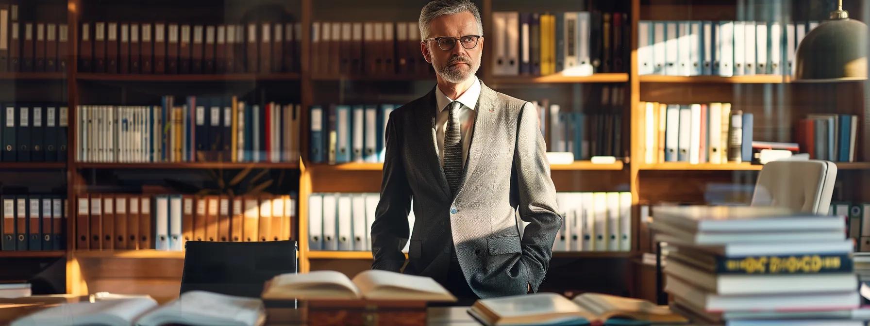 a confident attorney stands in a modern law office, surrounded by legal books and case files, discussing strategy with an intense focus, embodying expertise in defending sex crime cases under california law.