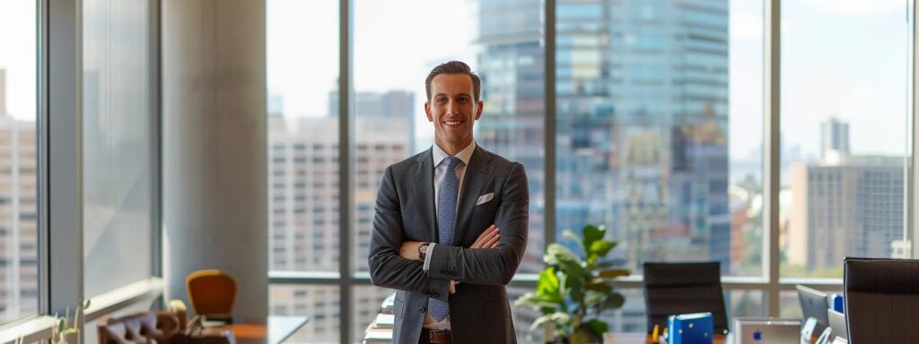 a confident sex crimes attorney stands in a modern law office, surrounded by sleek furnishings and a large window showcasing the urban skyline, embodying professionalism and expertise in navigating complex legal cases.