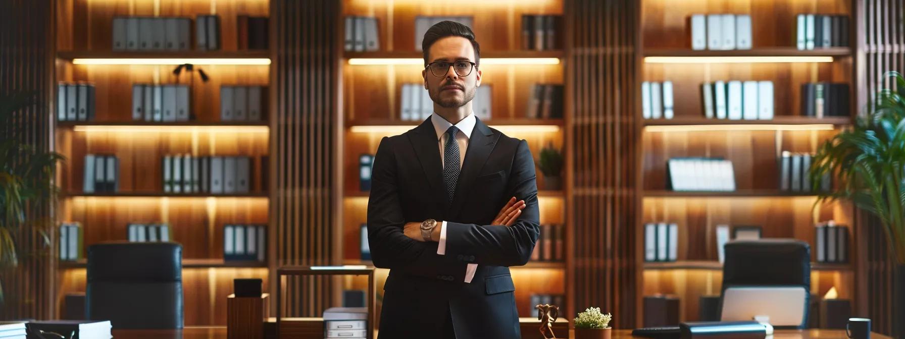 a confident sex crimes attorney stands in a sleek, modern law office, engaged in a focused consultation with a client, surrounded by high-tech legal resources and case files, evoking a sense of professionalism and specialized expertise in complex criminal law.