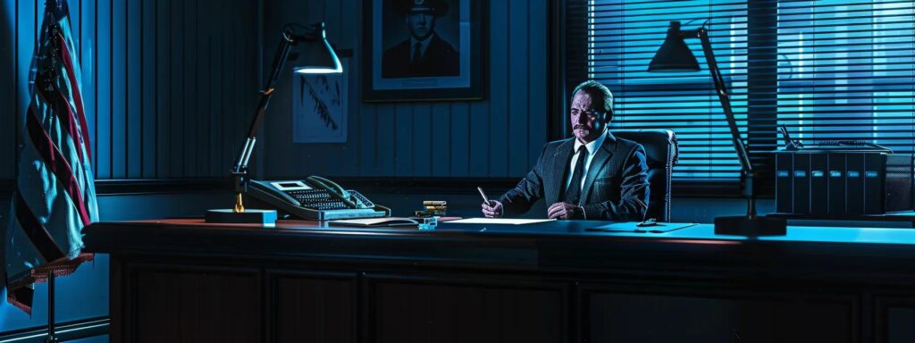 a confident, professional dui lawyer is seated at a sleek, modern office desk, engaged in a focused discussion with a client, under cool, ambient lighting that enhances the seriousness of the legal consultation.