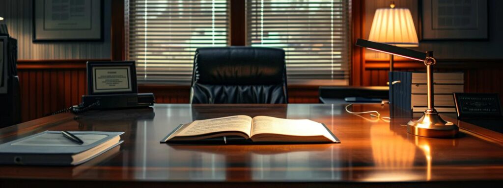 a dimly lit law office with a sleek, modern desk highlighted by a bright desk lamp, showcasing an open legal book and a framed certificate, symbolizing the importance of consulting an experienced assault and battery lawyer immediately after an arrest.