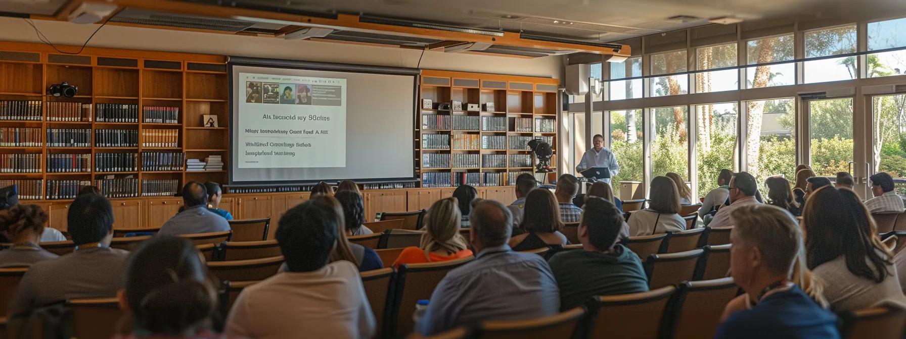a dynamic and engaging seminar scene inside a well-lit community library in fullerton, showcasing a diverse group of attendees attentively listening to a knowledgeable speaker presenting key legal concepts on a large screen, reflecting the firm’s commitment to justice and community education.