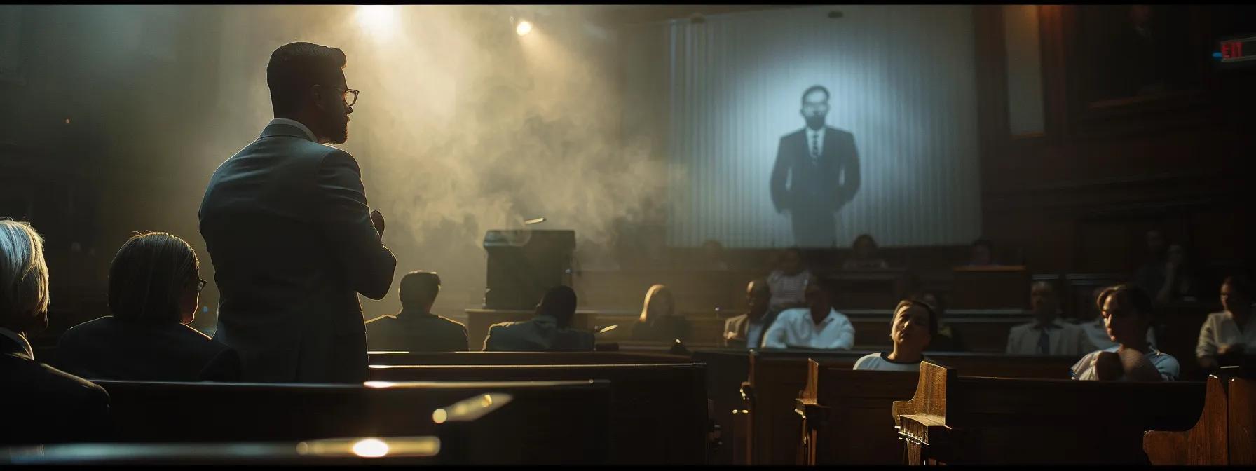 a dynamic courtroom scene showcases a focused defense attorney presenting compelling demonstrative evidence, including detailed diagrams of the incident location, while expert witnesses engage with the jury, emphasizing tactical legal strategies in a tense battery and assault case.