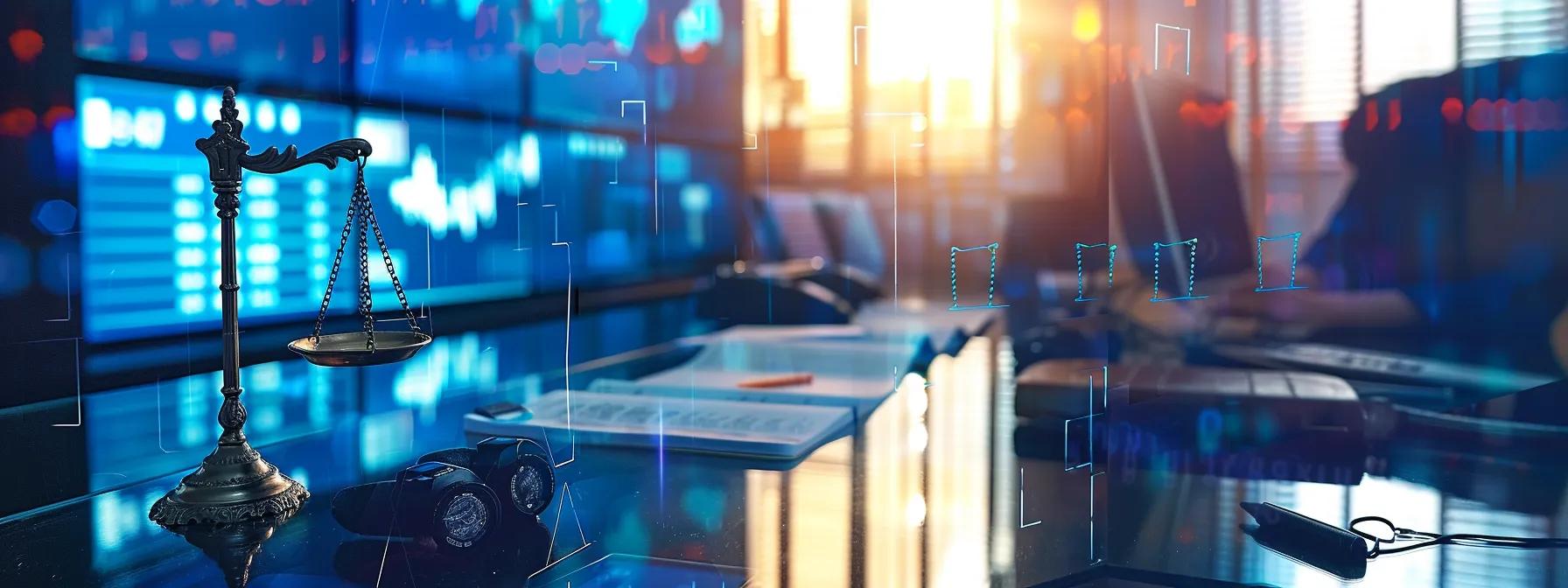 a focused and modern law office, featuring a sleek conference table with legal documents and digital displays illustrating dui defense strategies, as attorneys engage clients in a discussion about holistic support services aimed at minimizing probation violations and optimizing outcomes.