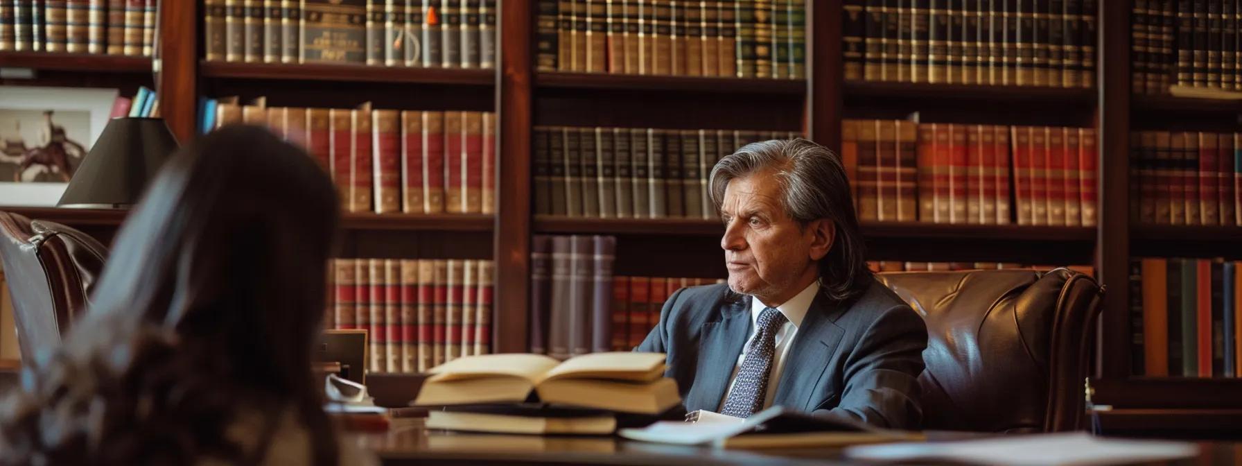 a focused and professional office setting features a seasoned assault and battery lawyer confidently discussing case strategies with a client, surrounded by legal books and case files, emphasizing their expertise and local knowledge in navigating fullerton's judicial system.