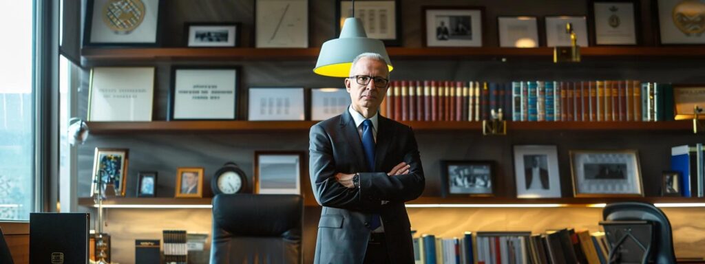 a focused attorney stands confidently in a sleek, modern law office, surrounded by legal books and framed certificates, conveying a sense of authority and expertise in defending against serious charges.