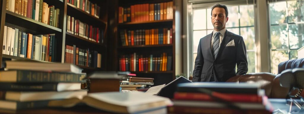 a focused attorney stands confidently in a modern law office, surrounded by legal books and case files, as they strategize with a client on building a strong defense against dui charges.