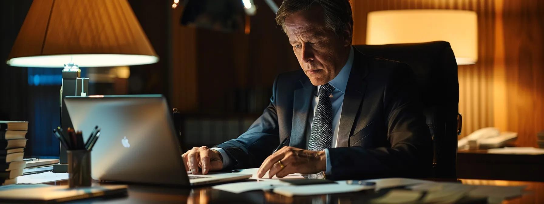 a focused battery defense lawyer, seated at a sleek, modern office desk scattered with legal documents and a laptop, intensely reviews evidence while engaging in a strategic discussion with a serious client, illuminated by soft, ambient lighting that emphasizes the atmosphere of a high-stakes legal consultation.