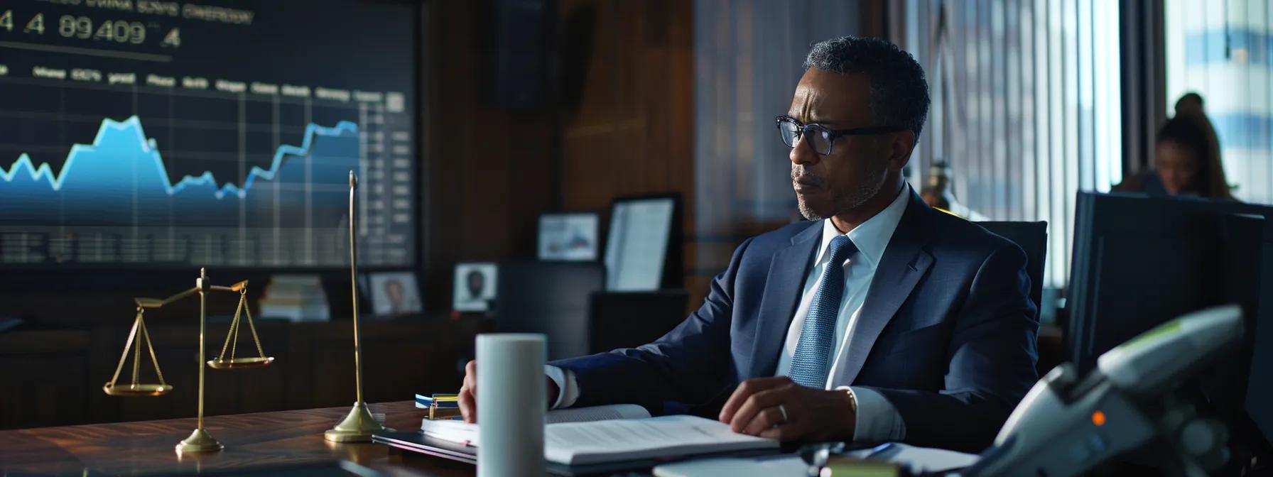 a focused, modern law office setting showcases a confident dui attorney passionately discussing case strategies with a digital display featuring key legal statistics and case success rates prominently illuminated in an engaging and professional manner.