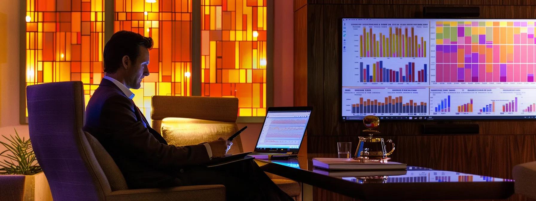 a focused office setting showcases a legal consultant analyzing digital dashboards on a sleek laptop, displaying vibrant charts of fullerton's jury trial statistics and assault sentencing data, illuminated by the warm glow of contemporary desk lamps.