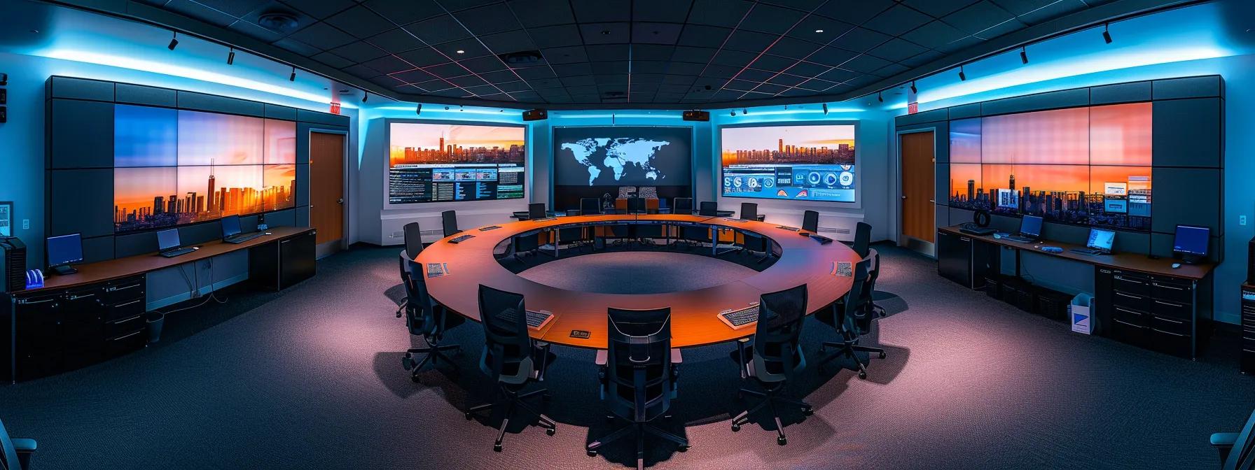 a modern law firm office, featuring a sleek conference table surrounded by legal briefs and high-resolution screens displaying structured workflows and case management steps, conveys a dynamic atmosphere of comprehensive legal support and strategic client advocacy.