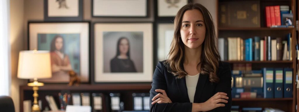 a poised domestic violence lawyer stands confidently in a modern office, surrounded by legal books and framed certificates, conveying authority and expertise while preparing to advocate fiercely for client rights after an arrest.