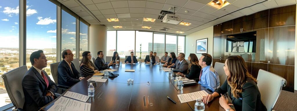 a polished office conference room features a modern table with a detailed comparison chart of dui legal fee structures prominently displayed, while a diverse group of attentive clients engages in a discussion with a professional attorney.