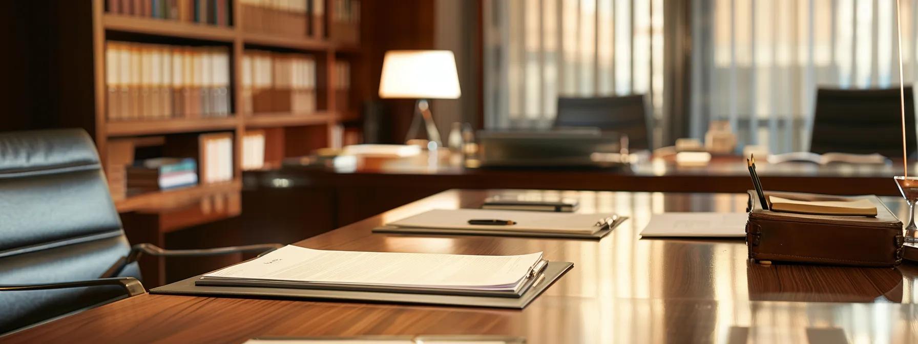 a professional office consultation room featuring a sleek wooden table, with an open legal briefcase displaying organized case documents, as a top sex crimes attorney discusses strategy with a potential client in a well-lit, modern legal environment.