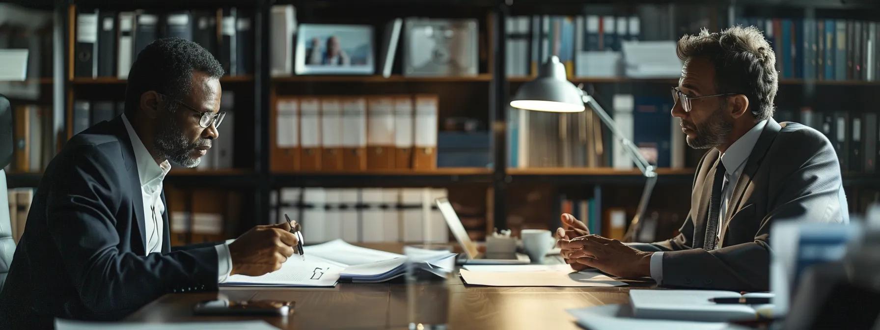 a professional office setting, featuring a focused lawyer and a client engaged in a serious discussion, surrounded by legal documents and case files, illuminated by bright, artificial lighting that emphasizes the urgency and importance of initiating quality legal representation.