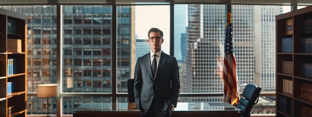 a sharply dressed burglary defense lawyer stands confidently in a modern, sleek office, surrounded by law books and a prominent cityscape visible through a large window, symbolizing the fight for freedom and reputation.