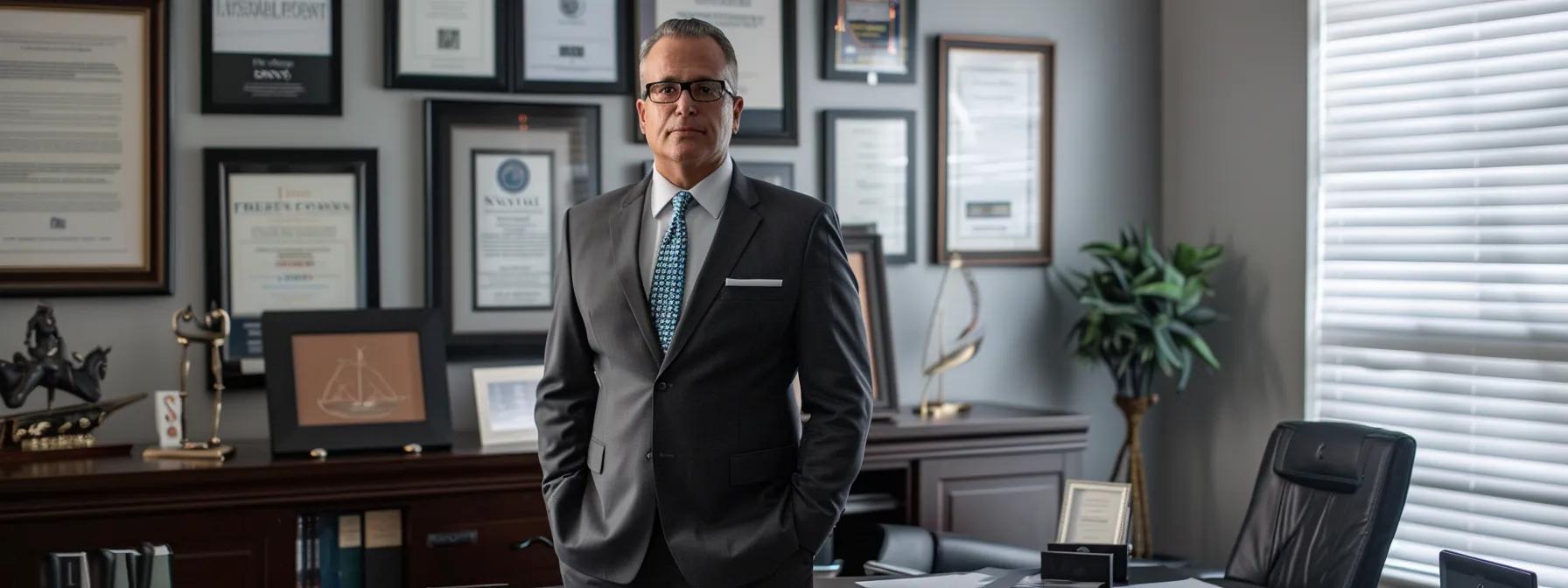 a sleek, modern law office featuring framed accolades and certificates on the walls, where a confident dui attorney stands beside a glowing monitor displaying glowing client reviews and high ratings, illustrating their strong reputation and peer recognition in a professional and inviting atmosphere.