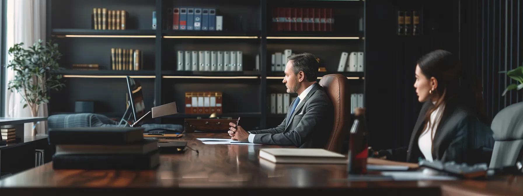 a sleek, modern law office with a confident attorney seated at a polished desk, engaging in a focused consultation with a concerned client, surrounded by legal books and digital evidence screens showcasing surveillance footage, highlighting the urgency and importance of timely legal representation in assault and battery cases.