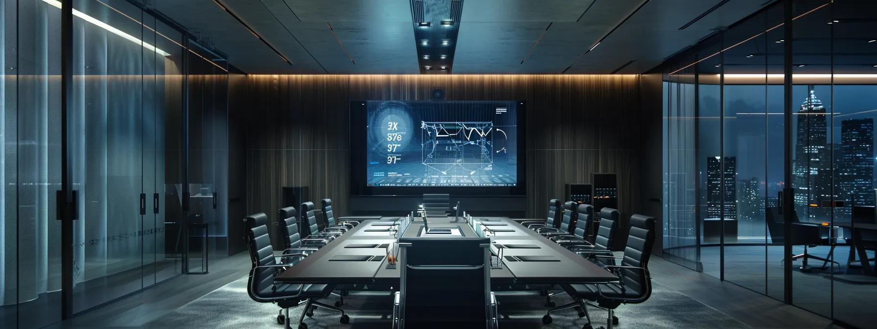 a sleek, modern office conference room with a large screen displaying a simplified legal flowsheet, set against a backdrop of glass walls, emphasizing open communication and professionalism in a client-lawyer consultation setting.