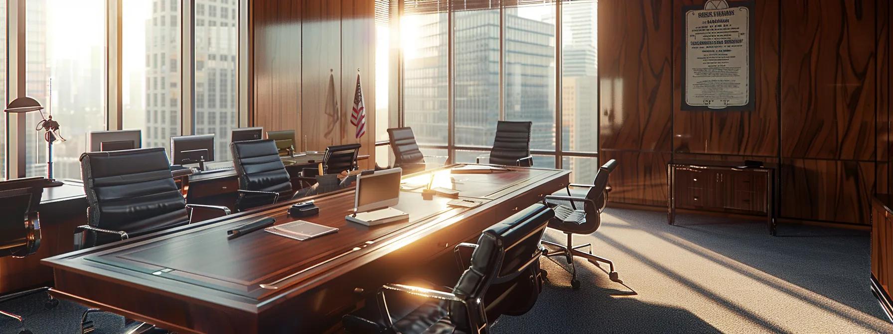 a sophisticated urban law office filled with legal documents and a large conference table where a focused defense attorney analyzes case files, surrounded by forensic evidence visuals and police reports, illustrating the intricate evaluation of defense options for complex criminal cases.