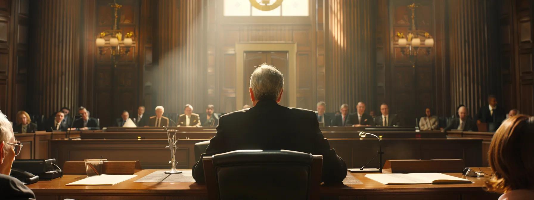a tense courtroom scene captures a solemn judge presiding over a sex crime trial in fullerton, with focused attorneys presenting evidence and a captivated audience, all illuminated by stark overhead lighting that emphasizes the gravity of the proceedings.