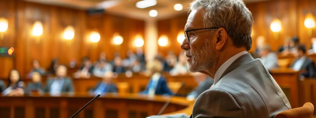 a tense courtroom scene unfolds with a focused lawyer in a sharp suit, passionately addressing a judge while their client listens anxiously from the defendant's seat, illuminated by overhead lights that emphasize the seriousness of the moment.