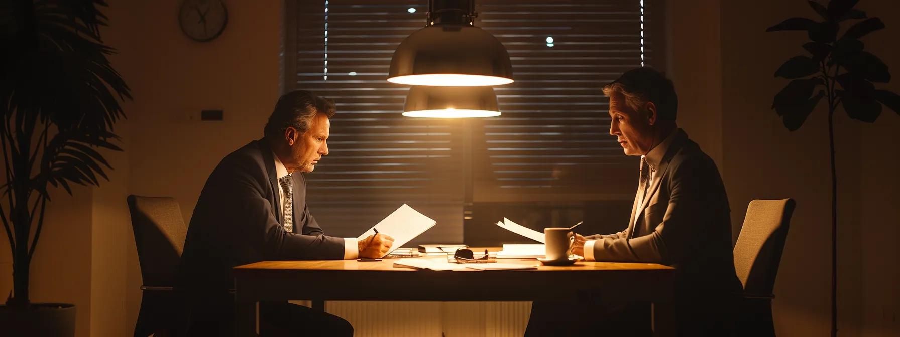 a tense office scene unfolds as a criminal defense lawyer reviews legal documents while a worried client sits across the table, illuminated by stark overhead lights, highlighting the urgency of securing their rights and formulating a defense strategy.