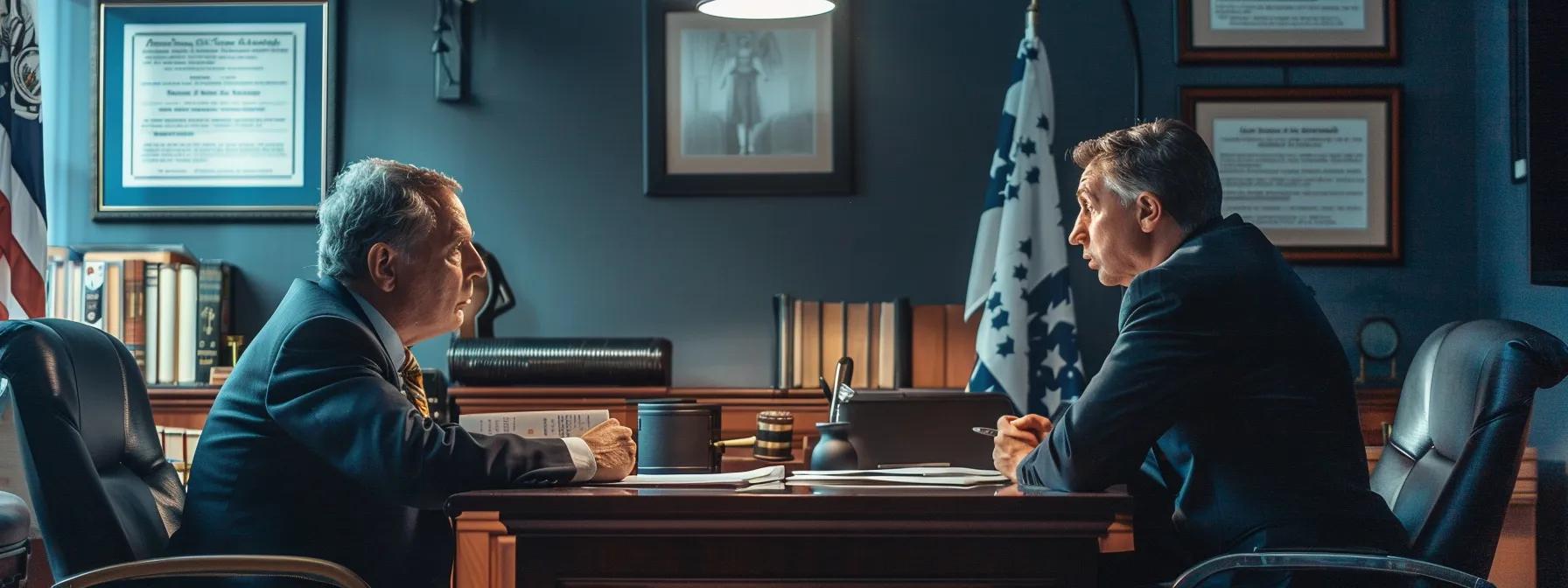 a tense urban law office setting captures a worried client sitting across from a determined attorney, as they discuss crucial legal strategies against a backdrop of legal books and framed law certificates, emphasizing the gravity of immediate legal representation in the face of serious charges.
