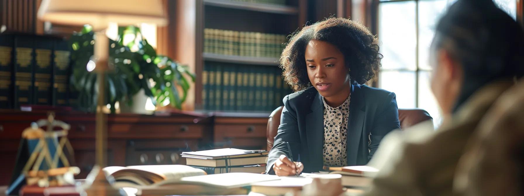 a warm and inviting lawyer's office, featuring a diverse client and attorney engaged in a focused conversation, with law books and documents on the desk, reflecting an atmosphere of trust and collaboration.