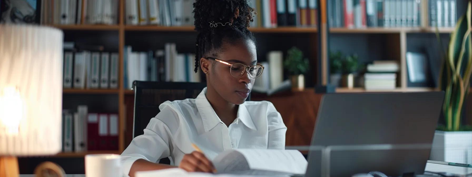 a determined individual sits at a sleek, modern office desk, reviewing legal documents on a laptop with a focus on the expungement process, surrounded by motivational quotes on the walls that symbolize hope and new beginnings.