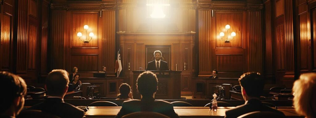 a dramatic and intense courtroom scene, featuring a confident defense lawyer passionately presenting a case in front of a captivated jury, illuminated by bright overhead lights contrasting with the dark wood paneling of the room.