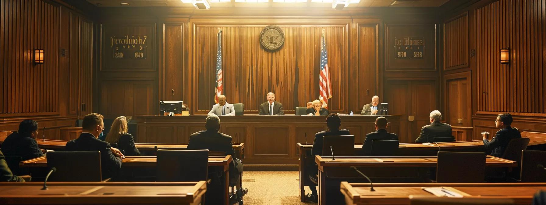 a dramatic courtroom scene in fullerton features a stern judge presiding over a burglary case, with tense defendants and attentive attorneys, illuminated by focused overhead lights that cast sharp shadows, emphasizing the gravity of the legal proceedings.