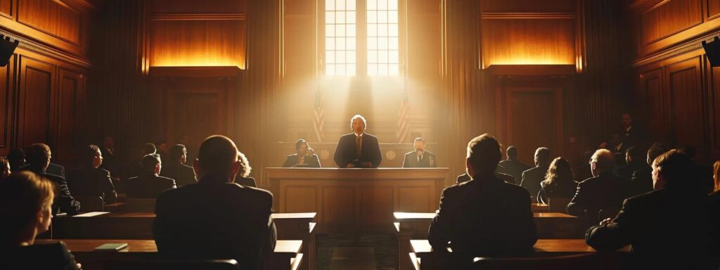 a dramatic courtroom scene features a stern attorney presenting a compelling case against embezzlement, with intense expressions from the jurors and shadows cast by the overhead lights, emphasizing the tension of the legal proceedings.