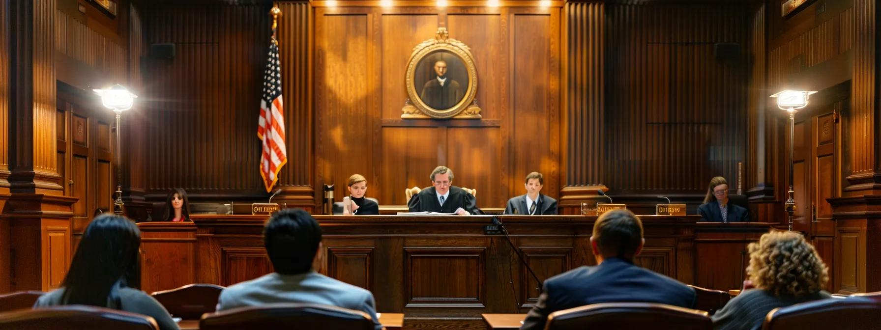 a dramatic courtroom setting in fullerton, featuring a poised juvenile and a focused white-collar defendant seated at the defense table, with a backdrop of legal books and an attentive judge presiding over the proceedings, illuminated by sharp overhead lighting that conveys the gravity of the legal process.