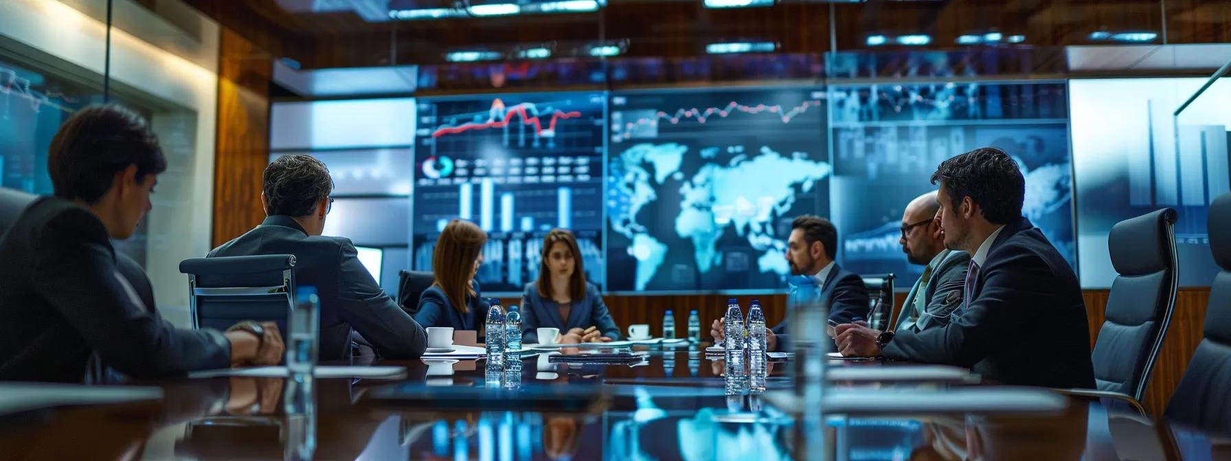 a dynamic conference room scene showcases a diverse team engaged in a strategic discussion, surrounded by digital displays of legal analysis and defense tactics, emphasizing a winning defense strategy against prosecution in fullerton.