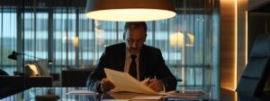 a focused attorney reviews complex financial documents on a sleek conference table in a modern urban law office, illuminated by sharp overhead lighting, emphasizing the serious nature of juvenile white collar crime cases.