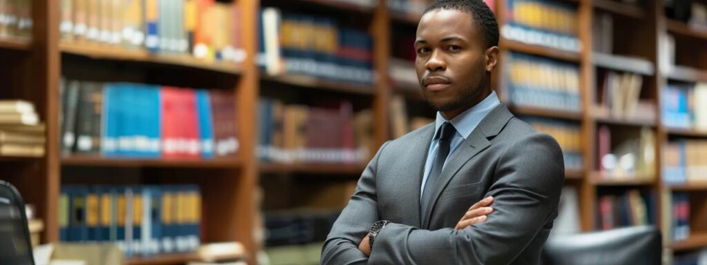 a focused juvenile defense attorney stands confidently in a modern office setting, surrounded by legal books and documents, conveying a strong commitment to protecting a child's future while discussing strategies with a concerned parent.