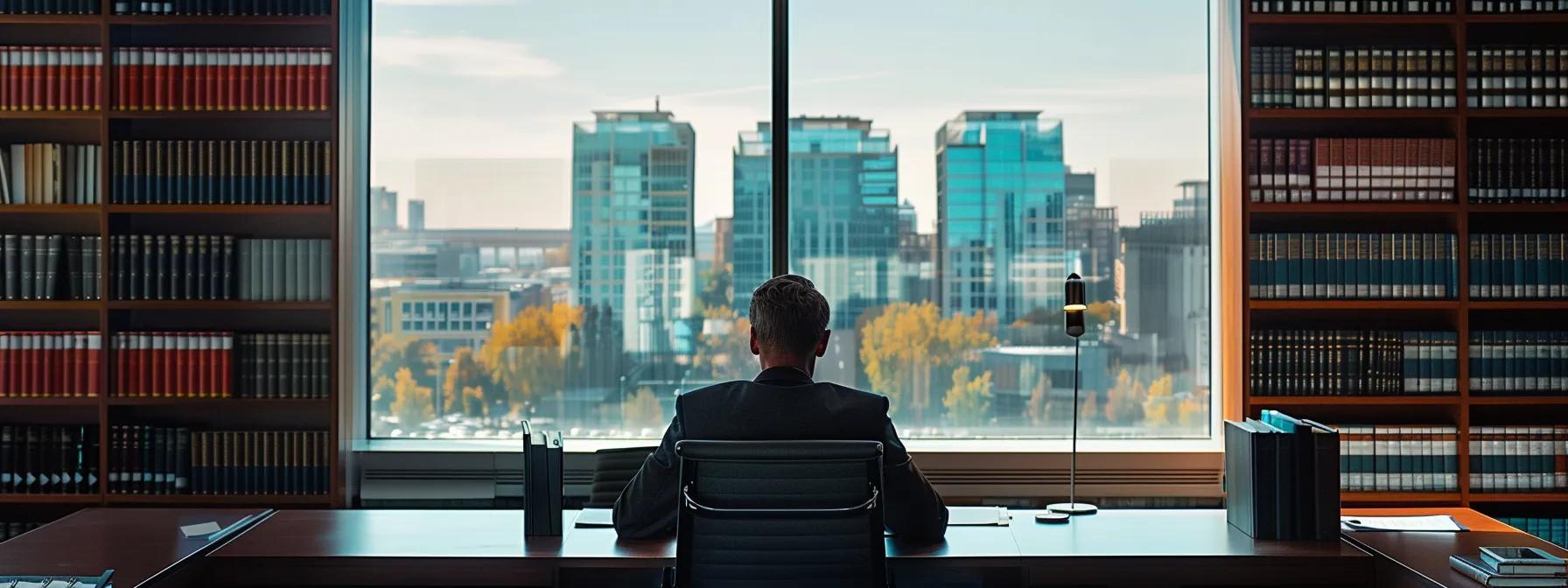a focused lawyer reviews a complex legal document in a sleek, modern office, surrounded by towering shelves of law books and a large window offering a panoramic view of a bustling urban landscape, symbolizing the gravity of the allegations faced in fullerton.
