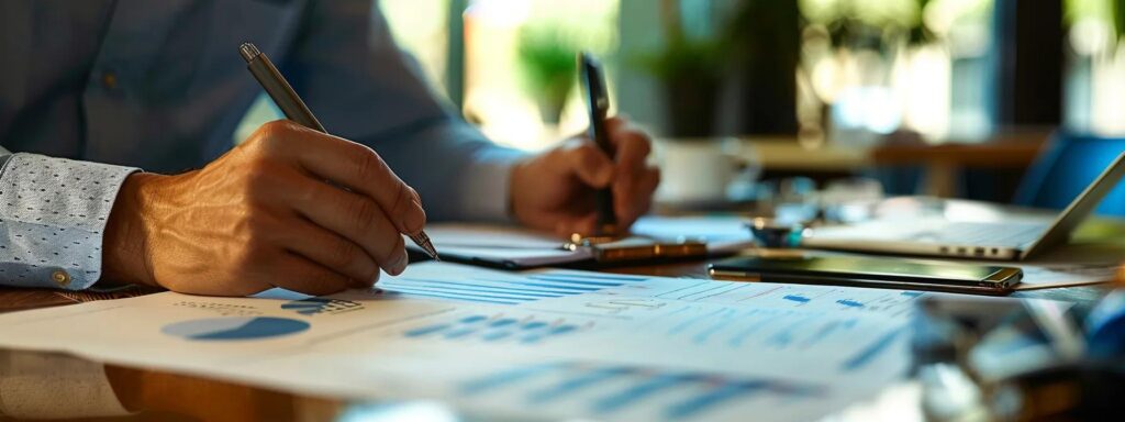 a focused, modern law office setting showcases a fullerton white collar crime attorney passionately reviewing complex financial documents, with charts and graphs illuminating the intricacies of fiscal defense strategies against regulatory challenges.