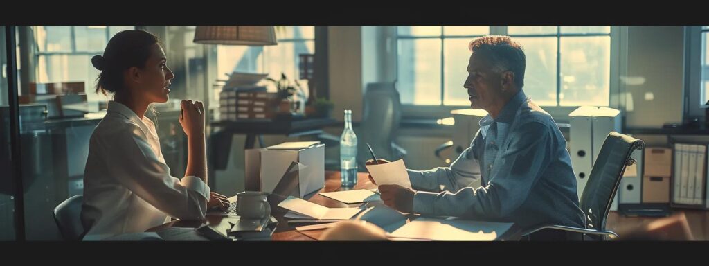 a focused office scene captures a professional consultant discussing expungement processes with a client, surrounded by organized legal documents and a modern desk under warm, ambient lighting.
