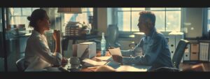 a focused office scene captures a professional consultant discussing expungement processes with a client, surrounded by organized legal documents and a modern desk under warm, ambient lighting.