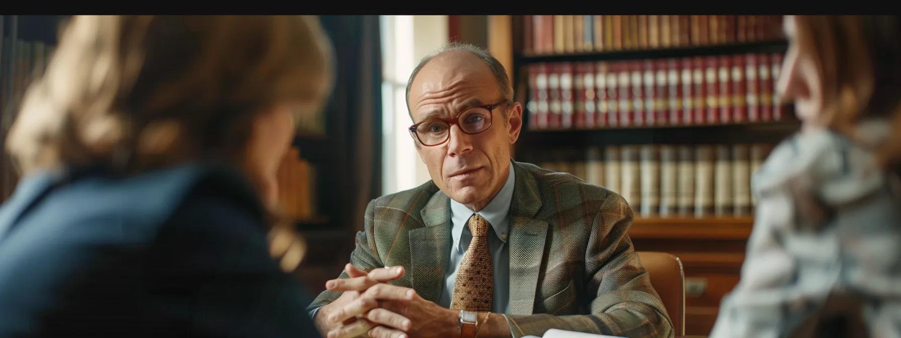 a focused portrait of a professional juvenile crimes lawyer in an upscale office, engaging in a serious discussion with concerned parents, with legal books and documents prominently displayed in the background, conveying trust and expertise.