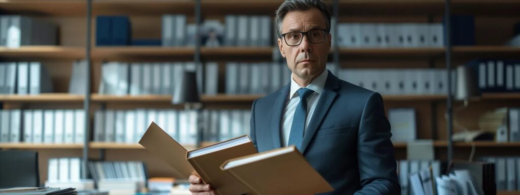 a focused shot of a confident attorney standing in a sleek, modern office, scrutinizing case files with a determined expression, embodying strategic representation in theft crime defense.