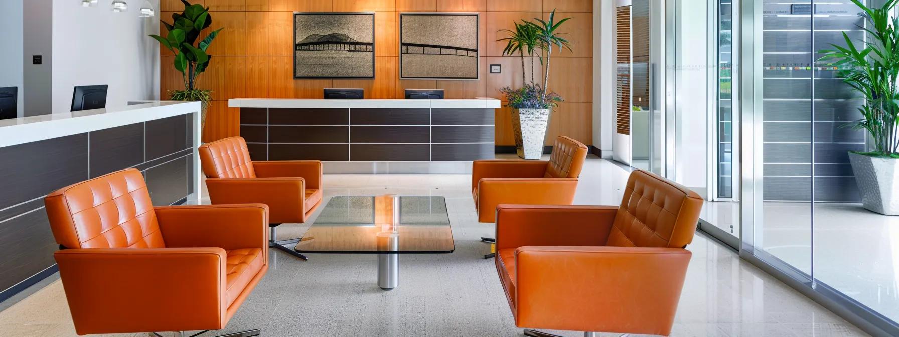 a focused view of a modern law office in fullerton, featuring a confident defense attorney discussing case strategies with a client under bright, contemporary lighting, conveying professionalism and expertise in probation and expungement matters.