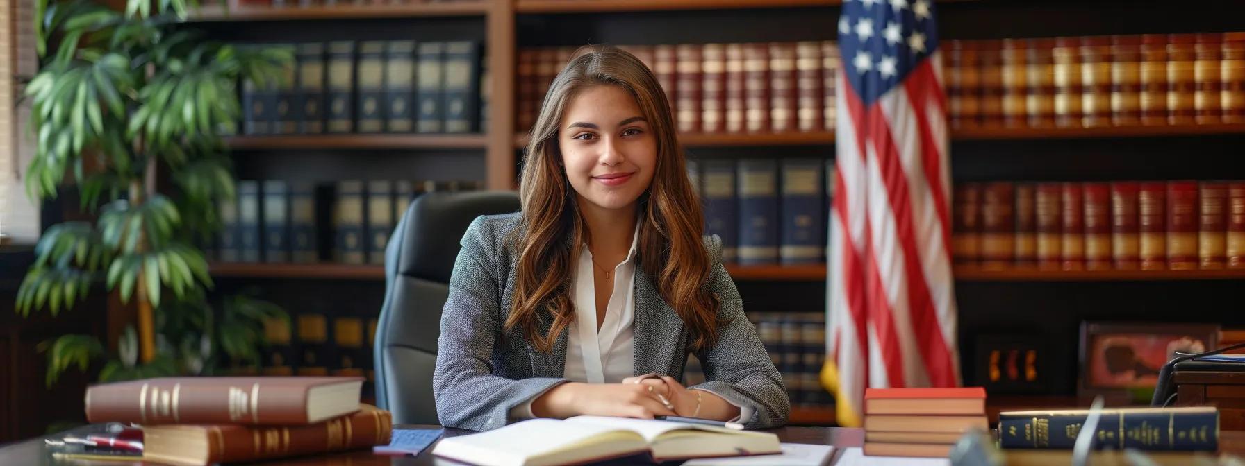 a professional, modern law office setting showcases a confident, focused fullerton theft crimes attorney seated at a sleek desk, with legal books and case files creating an atmosphere of expertise and compassionate advocacy for youth clients.