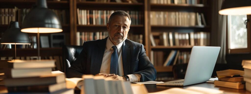 a sharply-focused office scene features a seasoned legal specialist in a tailored suit, confidently discussing complex legal defenses against embezzlement and forgery, surrounded by stacks of law books and a sleek laptop, under bright, modern lighting.