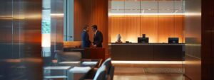 a sleek, modern law office filled with legal documents and a poised attorney engaged in a strategic discussion with a client, illuminated by ambient lighting that emphasizes the seriousness of navigating the legal proceedings for property crime allegations in fullerton.