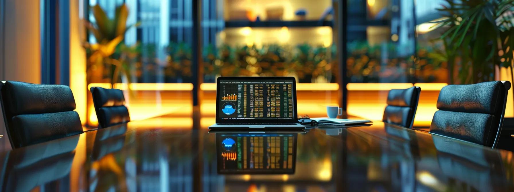 a sleek, modern law office with a polished conference table, featuring an open laptop displaying a series of colorful infographics comparing various legal defense strategies, illuminated by warm, ambient lighting that emphasizes a professional, focused atmosphere.