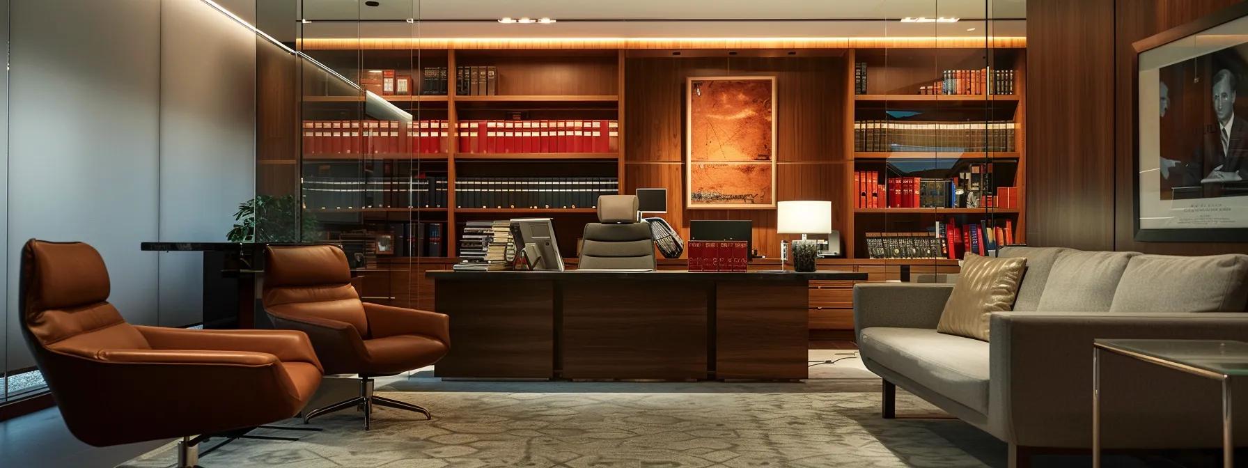 a sleek, modern law office features a focused theft crimes attorney engaged in a detailed consultation with a client, both surrounded by legal books and case files that convey a sense of urgency and expertise in addressing complex burglary charges.